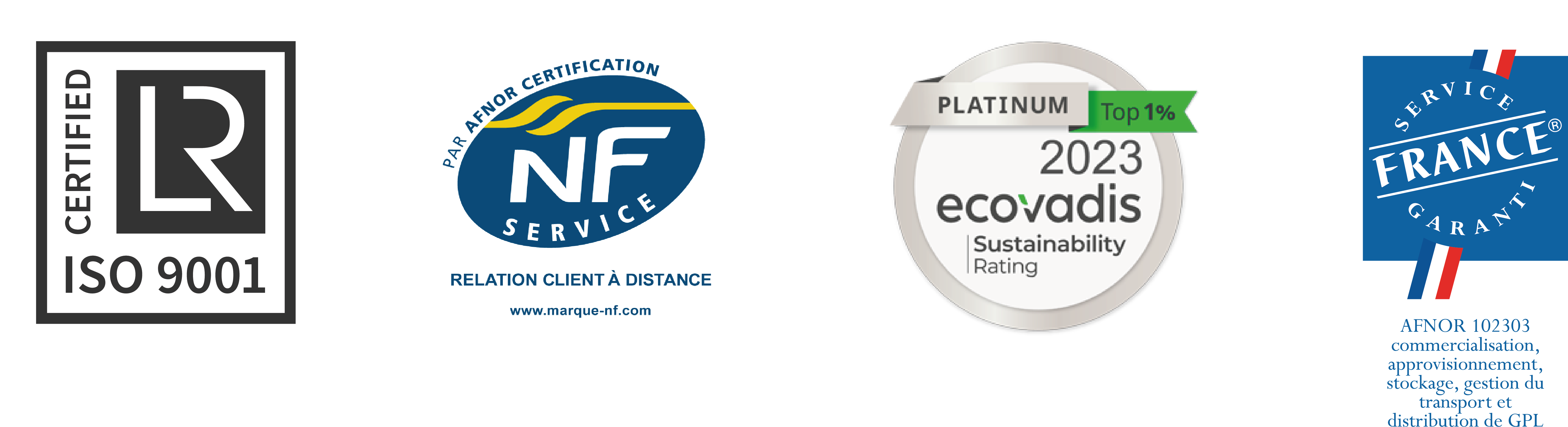 VITOGAZ FRANCE est certifiée Service France Garanti, NF Service Relation Client, ISO 9001, Ecovadis